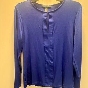 Lauren Ralph Lauren Blue Long Sleeve Top Satin Trim Size Medium